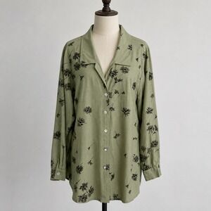 Vintage Outfit Woman JPR 100% Linen Green Floral Button Down Shirt‎ 1X Tunic